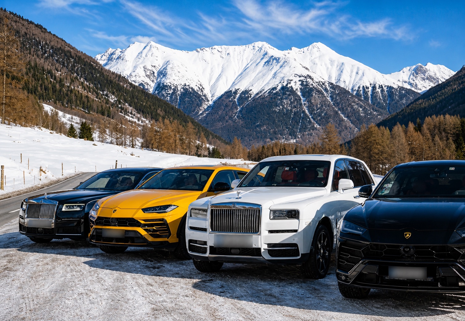 Supercars parked in the snowy Alps